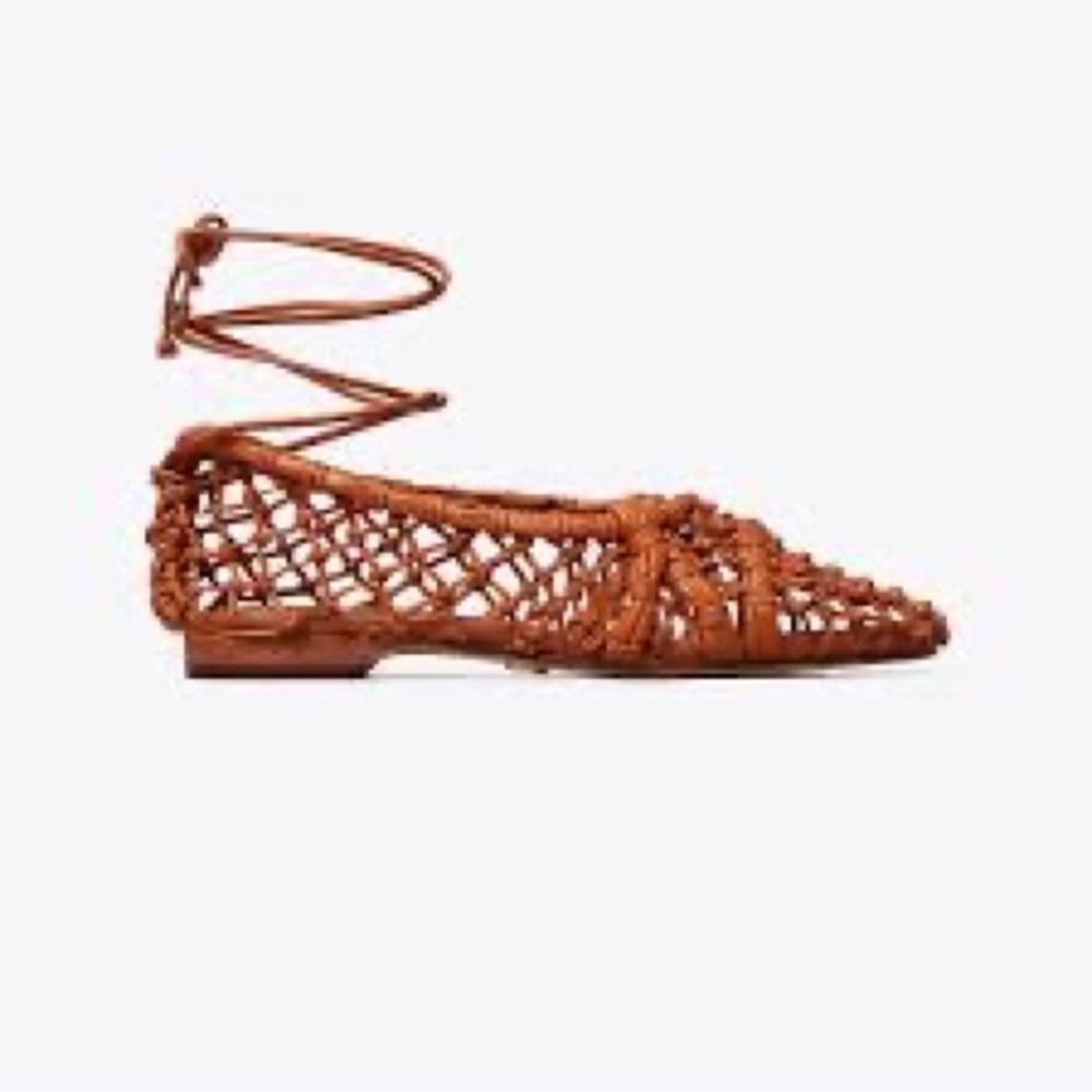 Tory Burch Brown Woven Lace-Up Flat